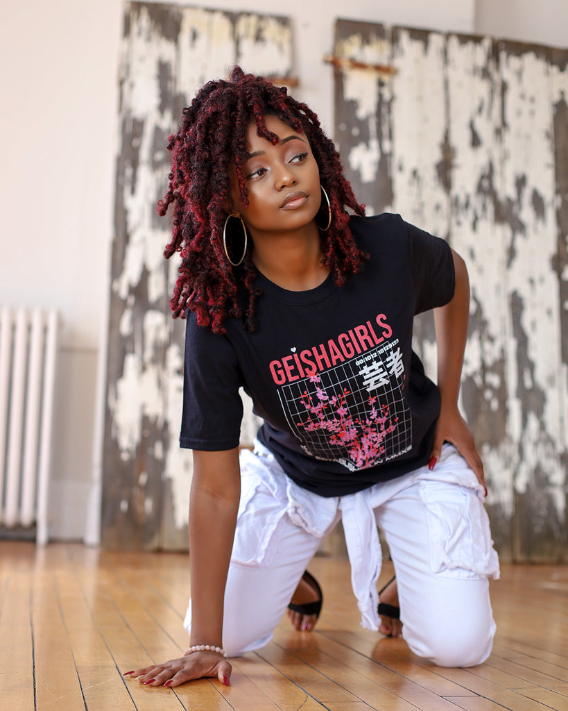 Shanghai GeishaGirls Cherry Blossom Black TeeShirt Unisex sizing - Dred Model